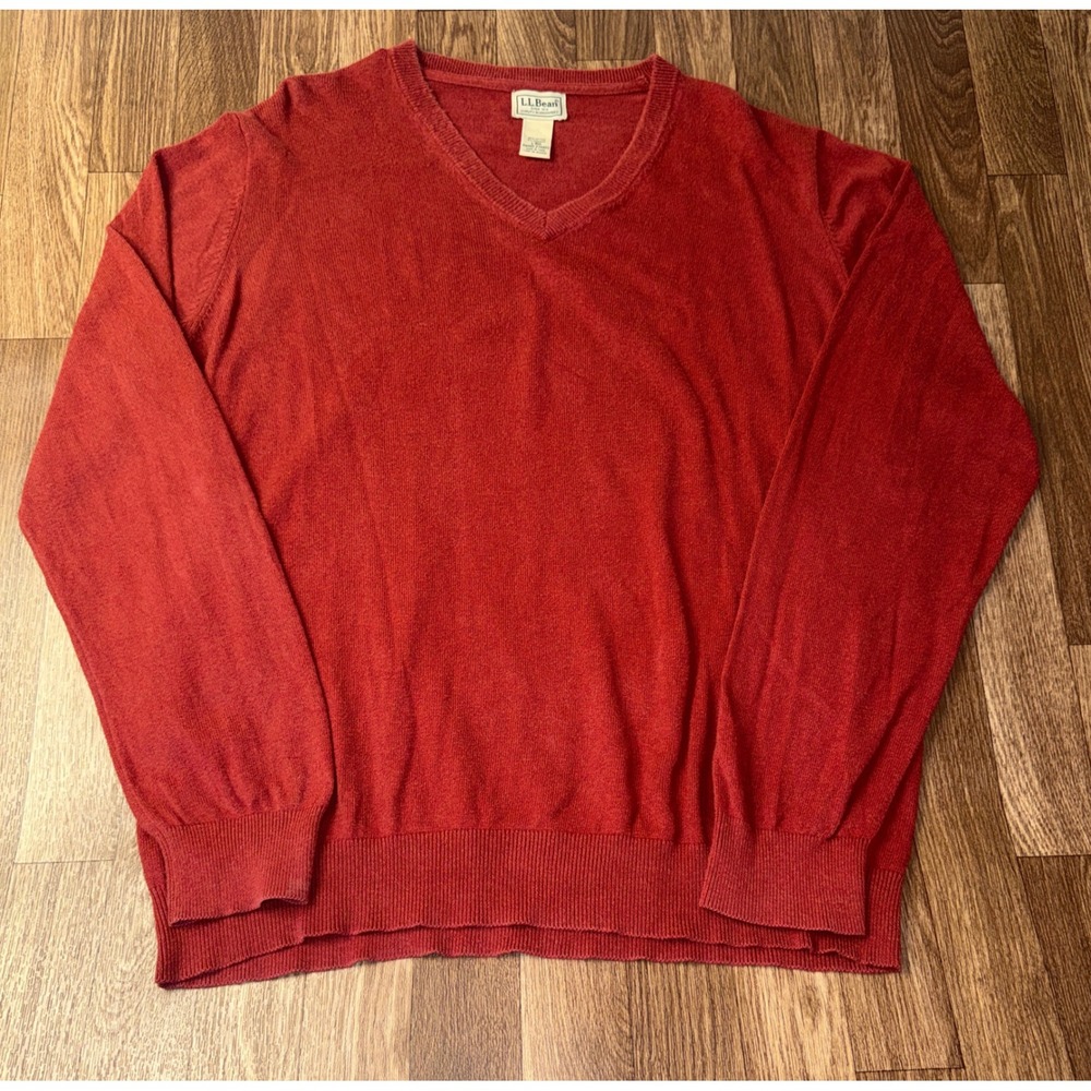 LL Bean Mens V-Neck Sweater Orange Red Cotton Cashmere Blend Large 274603